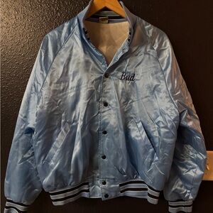 Aristo Jac Vintage Light Blue Satin Bomber Jacket with 'Bud' Embroidery